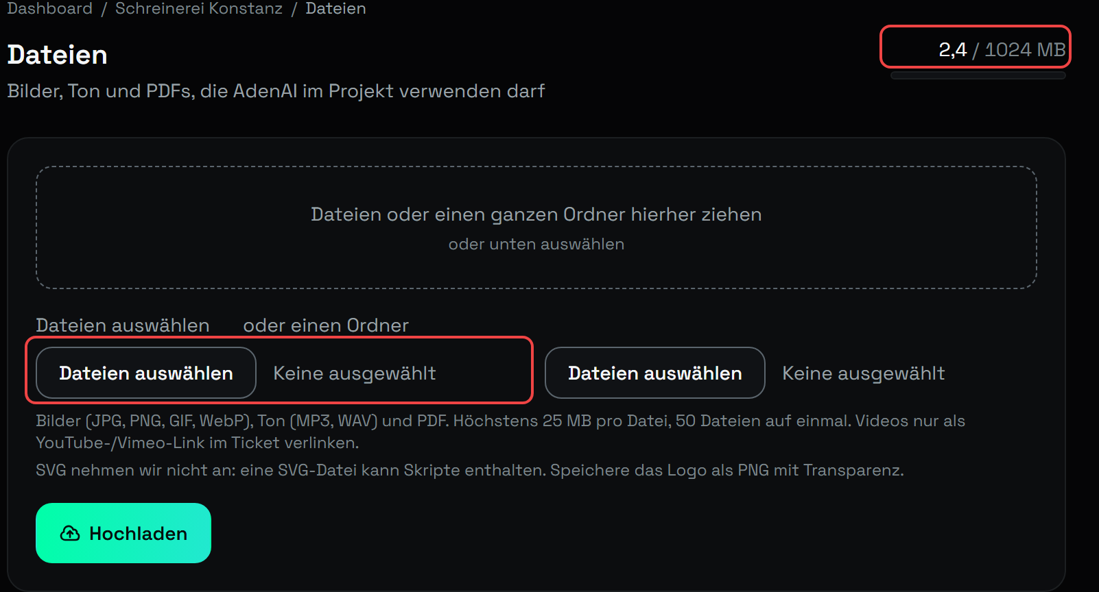 Der obere Teil der Seite "Dateien": rechts oben "2,4 / 1024 MB" mit Balken, darunter der Kasten zum Hochladen mit dem Feld "Dateien auswählen" und dem Knopf "Hochladen". Speicheranzeige und Auswahlfeld sind rot umrandet.