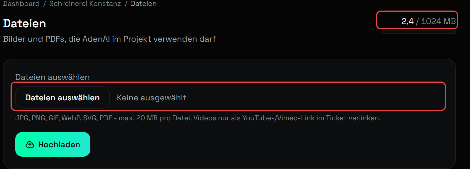 Der obere Teil der Seite "Dateien": rechts oben "2,4 / 1024 MB" mit Balken, darunter der Kasten zum Hochladen mit dem Feld "Dateien auswählen" und dem Knopf "Hochladen". Speicheranzeige und Auswahlfeld sind rot umrandet.