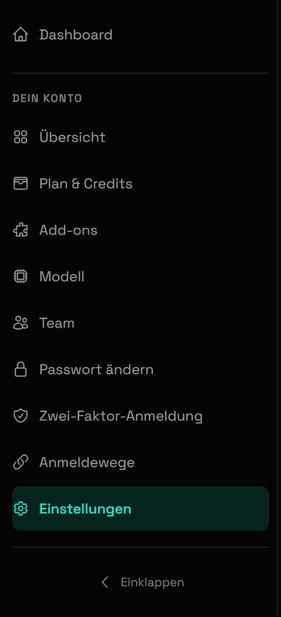 Die Seitenleiste des Kontos, der Eintrag "Zwei-Faktor-Anmeldung" rot umrandet. Darüber Übersicht, Plan & Credits, Modell, Team und Passwort ändern, darunter Anmeldewege und Einstellungen.